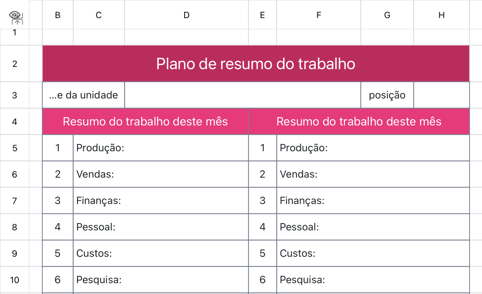Plano de resumo do trabalho